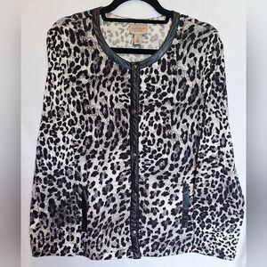 Chico's EasyWear Leopard Snap Front Jacket Cardigan Faux Leather Trim - Size 2 L